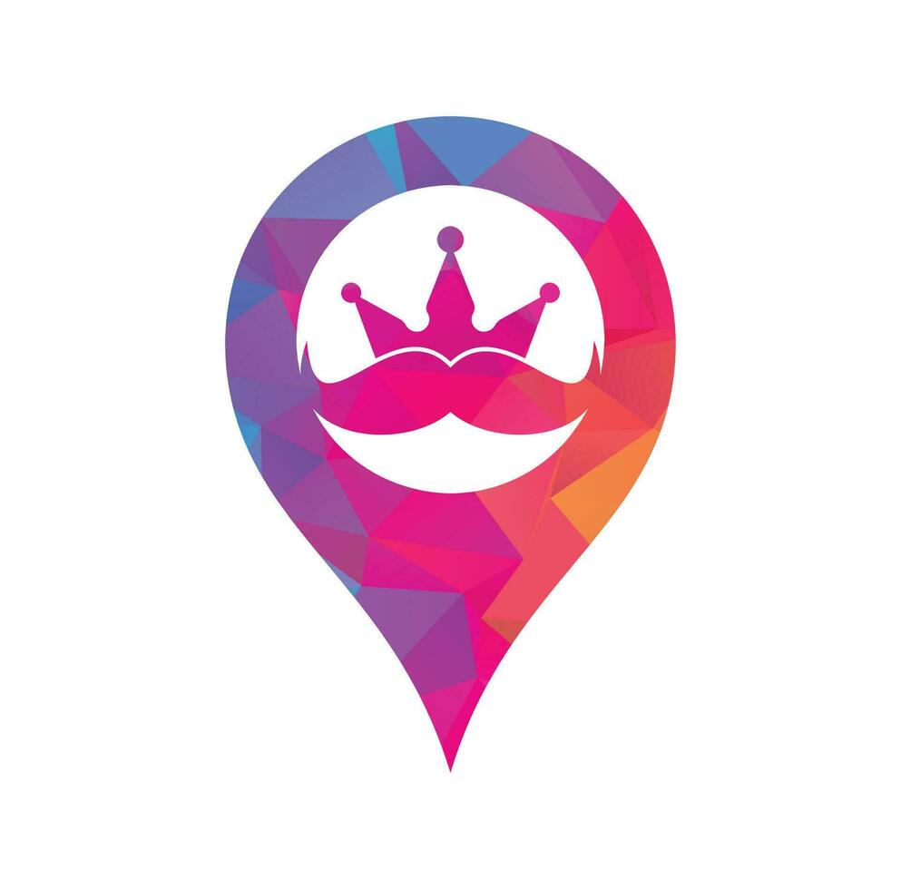 bigode rei mapa pin forma conceito design de logotipo de vetor. logotipo de coroa de bigode elegante e elegante. vetor