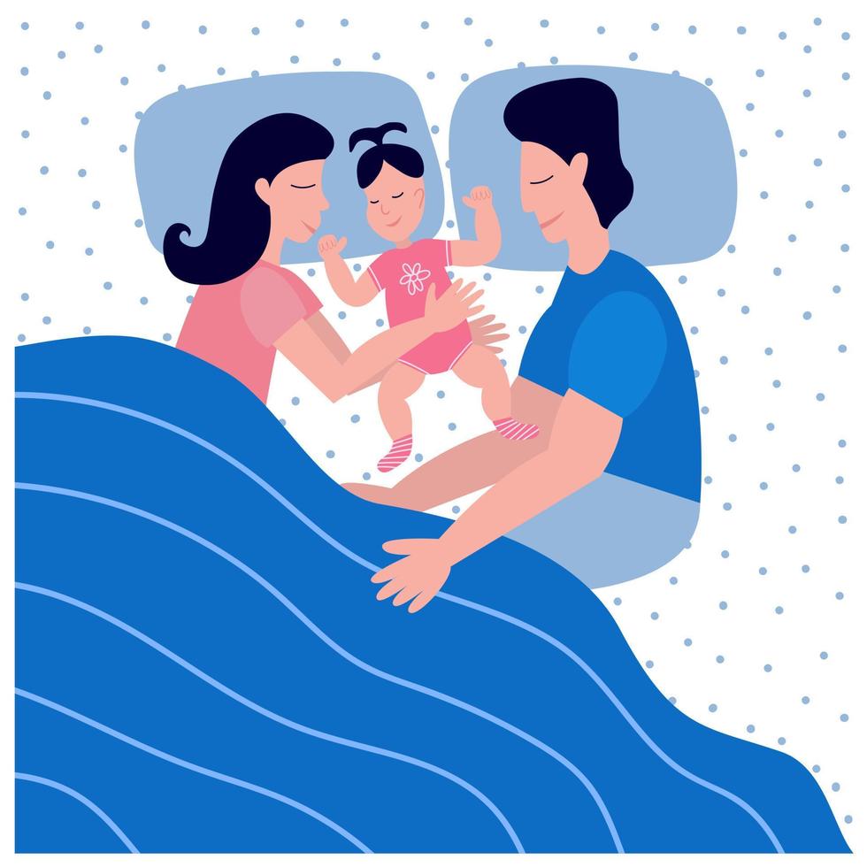 família jovem feliz dormindo com criança na cama. mãe e pai abraçando seu bebê. ilustração vetorial de estoque vetor