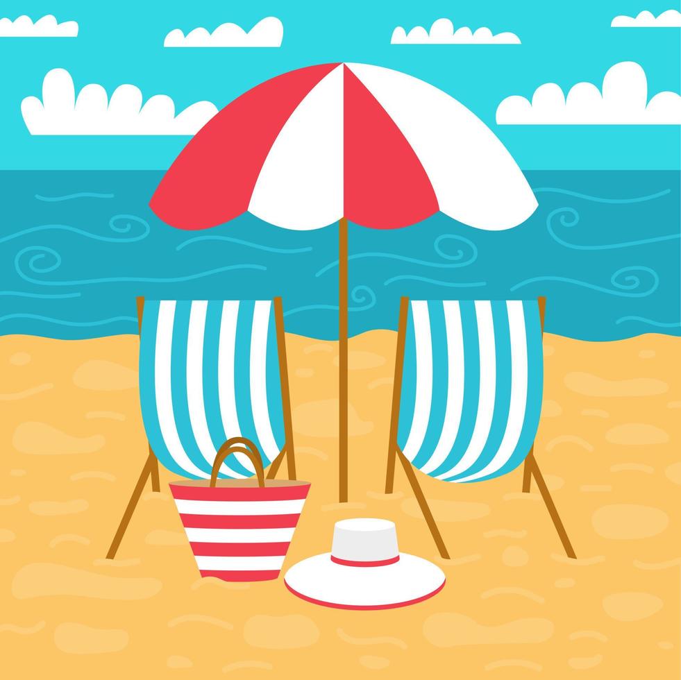 ilustração de paisagem de vetor de praia ensolarada. praia de verão estilo plano com guarda-chuva e cadeiras.