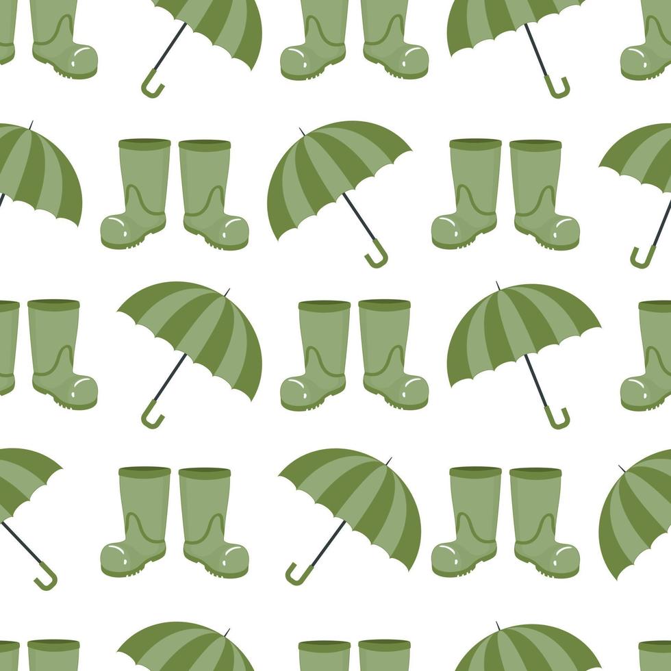 padrão de outono sem costura com botas de borracha verde e um guarda-chuva para tempo chuvoso em um estilo plano isolado em um fundo branco vetor