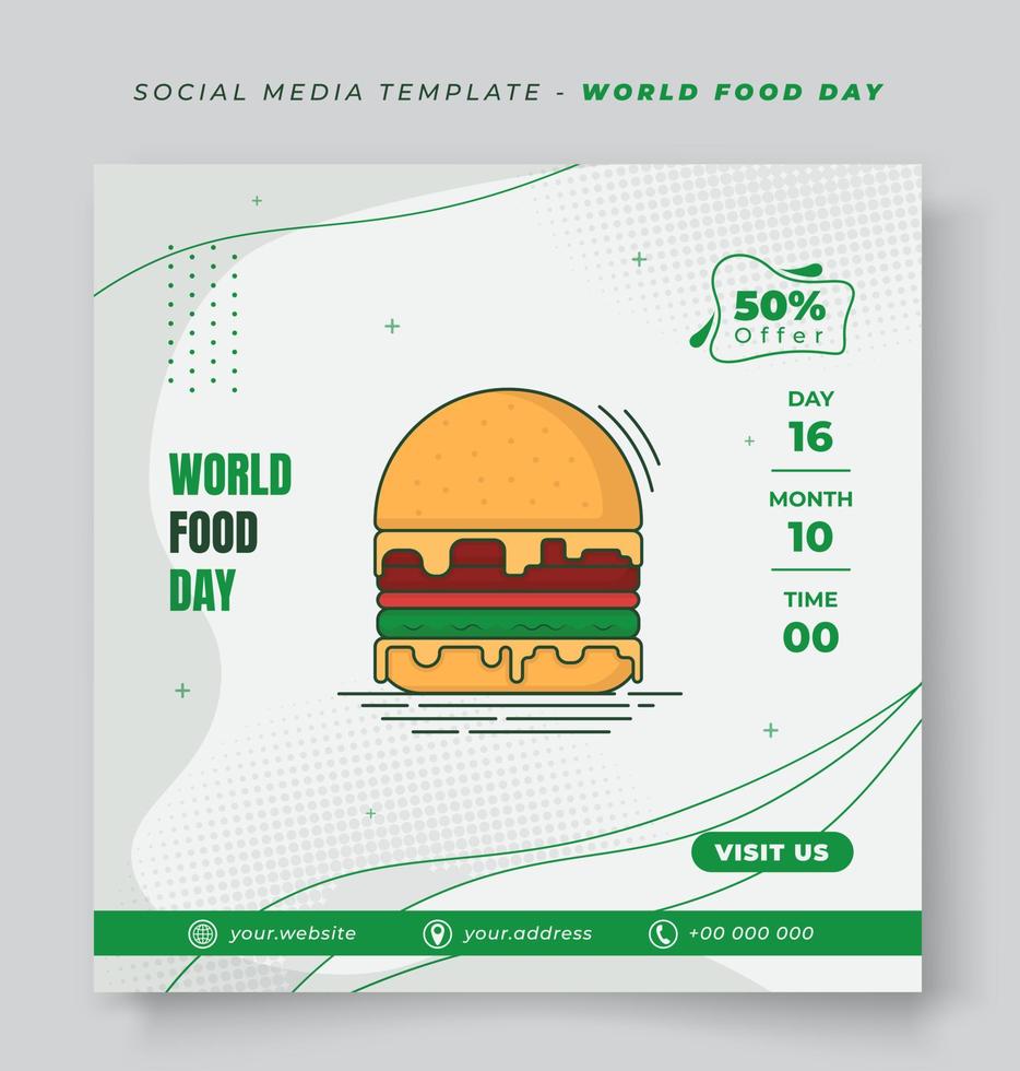 modelo de mídia social em fundo abstrato branco e verde com design de hambúrguer plano para o dia da comida vetor