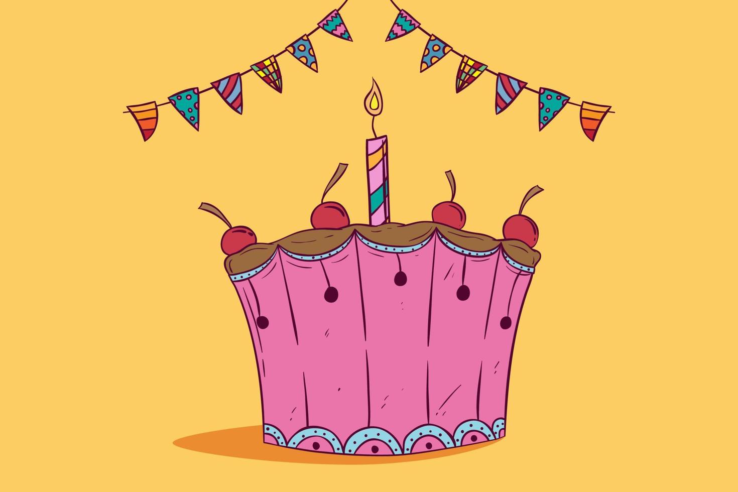 bolo de aniversário colorido com decoração em fundo amarelo vetor