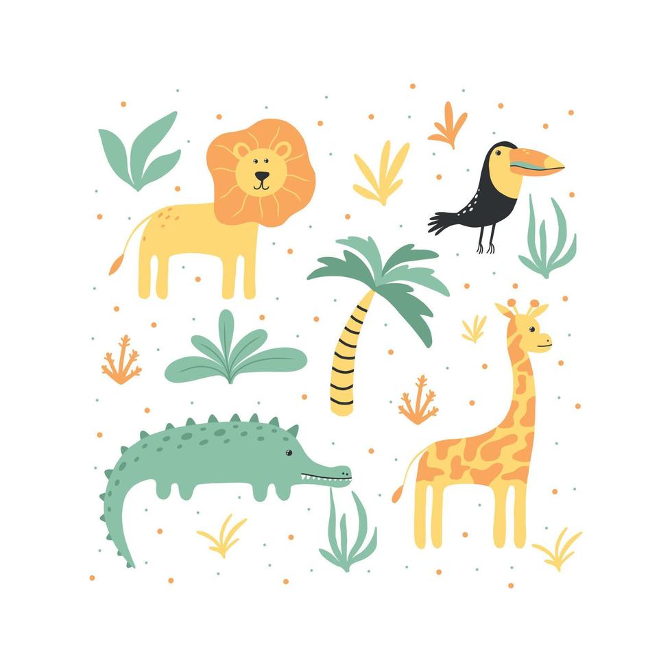 pôster infantil com animais da selva. cartaz para berçário. ilustração desenhada à mão fofa com leão, crocodilo, tucano e girafa. ilustração vetorial. vetor