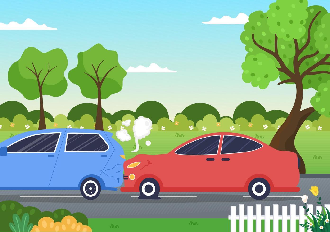 ilustração de fundo de acidente de carro com dois carros colidindo ou batendo em algo na estrada causando danos em estilo simples vetor