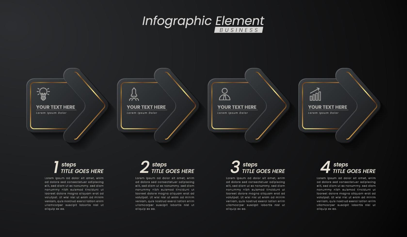 modelo de vetor 3d infográfico elegante ouro escuro com passos para o sucesso. apresentação com ícones de elementos de linha. design de conceito de negócios pode ser usado para layout de web, brochura, diagrama, gráfico ou banner