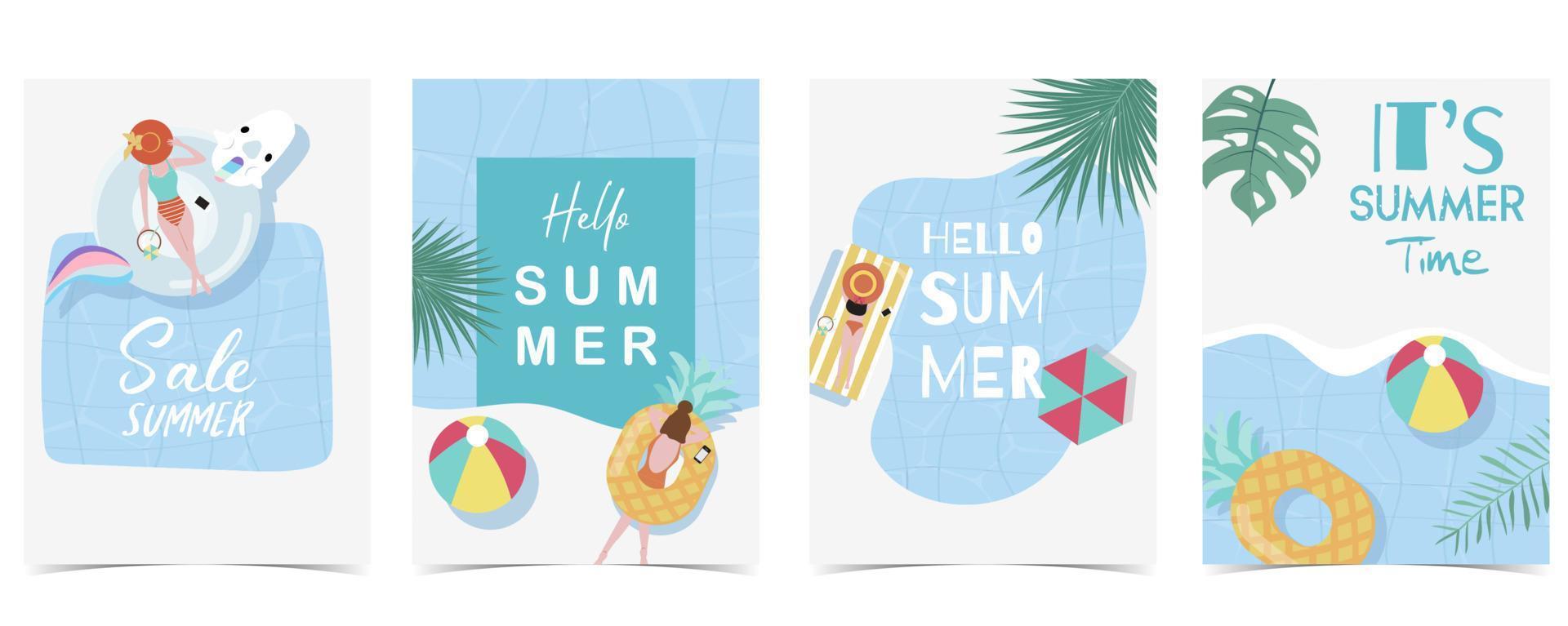 cartão postal de horário de verão de festa com piscina e praia no fundo do dia vetor