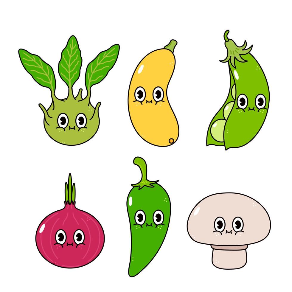 conjunto de pacotes de personagens de vegetais felizes fofos engraçados. vetor mão desenhada ícone de ilustração de personagem kawaii dos desenhos animados. lindo tutano vegetal, pimenta, ervilhas, cogumelos, cebola roxa, couve de Bruxelas