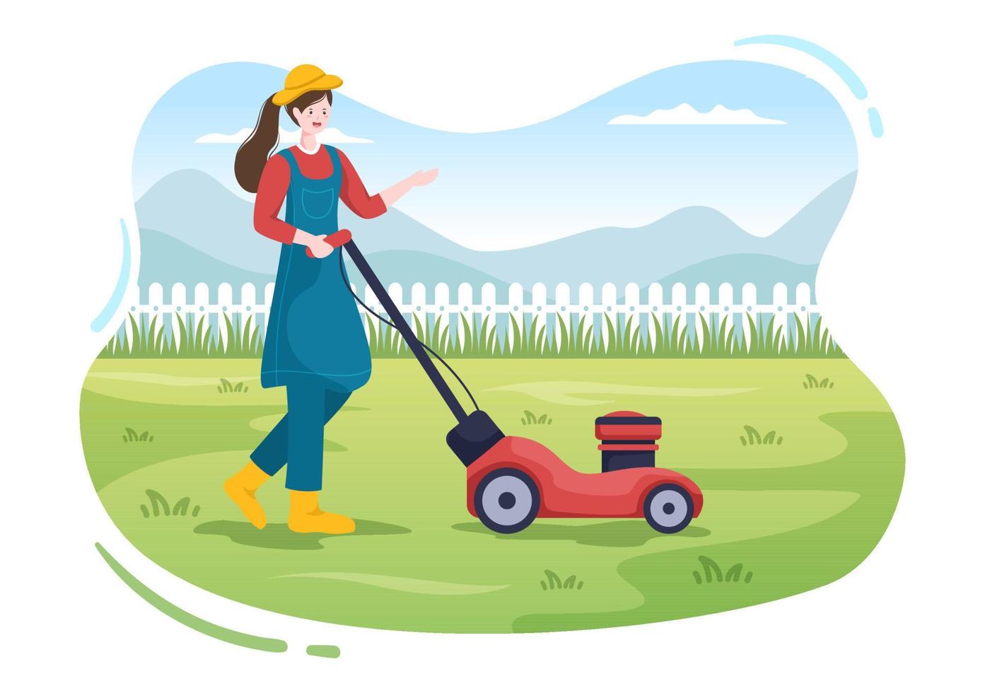 cortador de grama cortando grama verde, aparando e cuidando na página ou jardim na ilustração plana dos desenhos animados vetor
