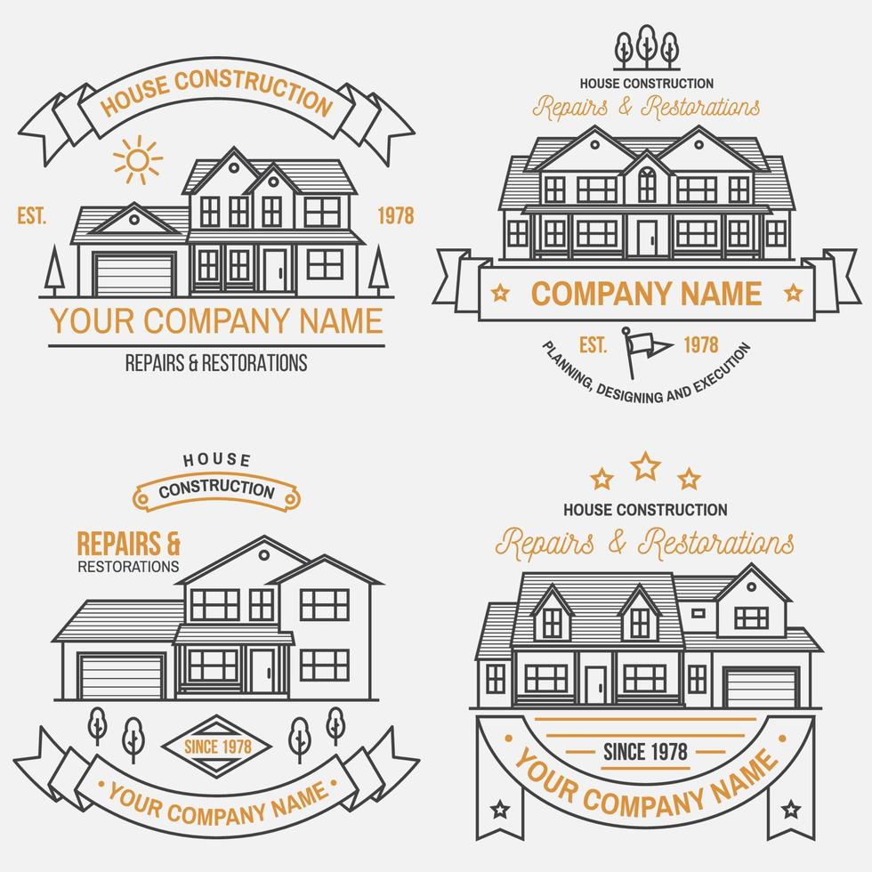 conjunto de identidade de empresa de construção de casas com casa americana suburbana. ilustração vetorial. distintivo de linha fina, sinal para negócios relacionados a imóveis, construção e empresa de construção. vetor