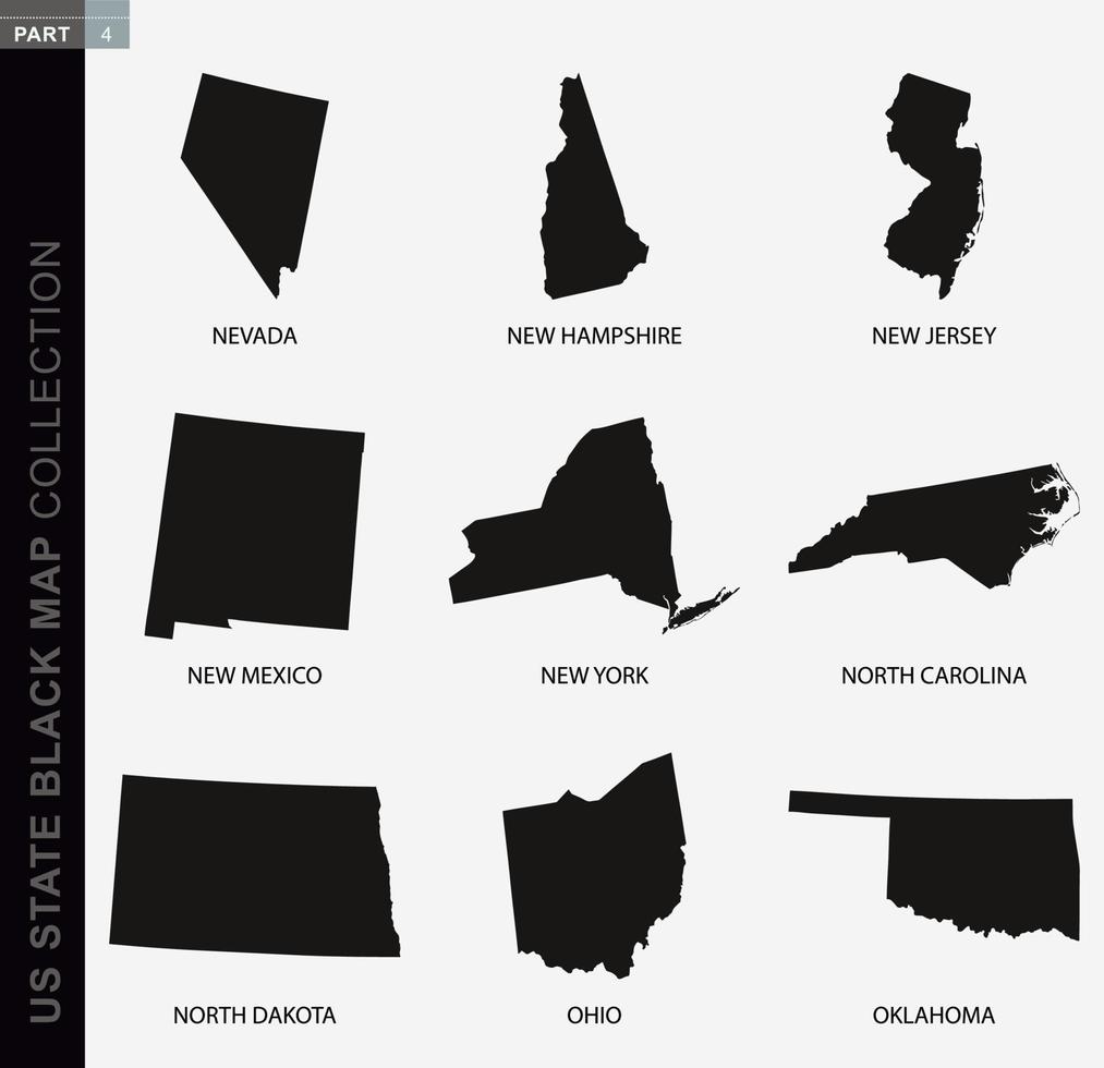 coleção de mapas pretos dos estados dos EUA, mapas de contorno pretos. vetor