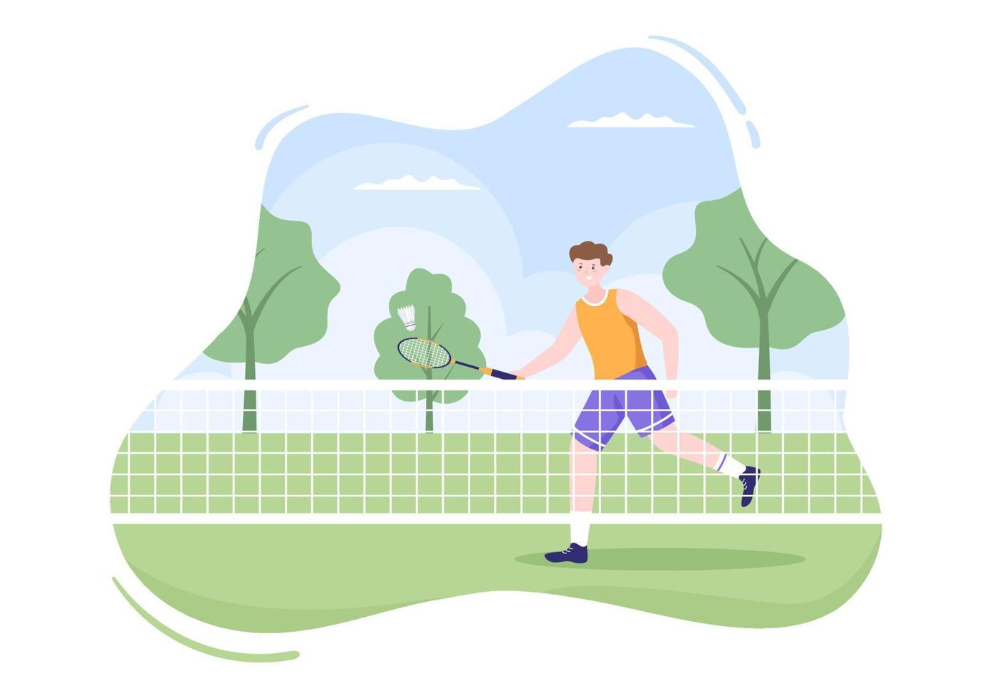 jogador de badminton com transporte na quadra na ilustração dos desenhos animados de estilo simples. feliz jogando jogo de esporte e design de lazer vetor