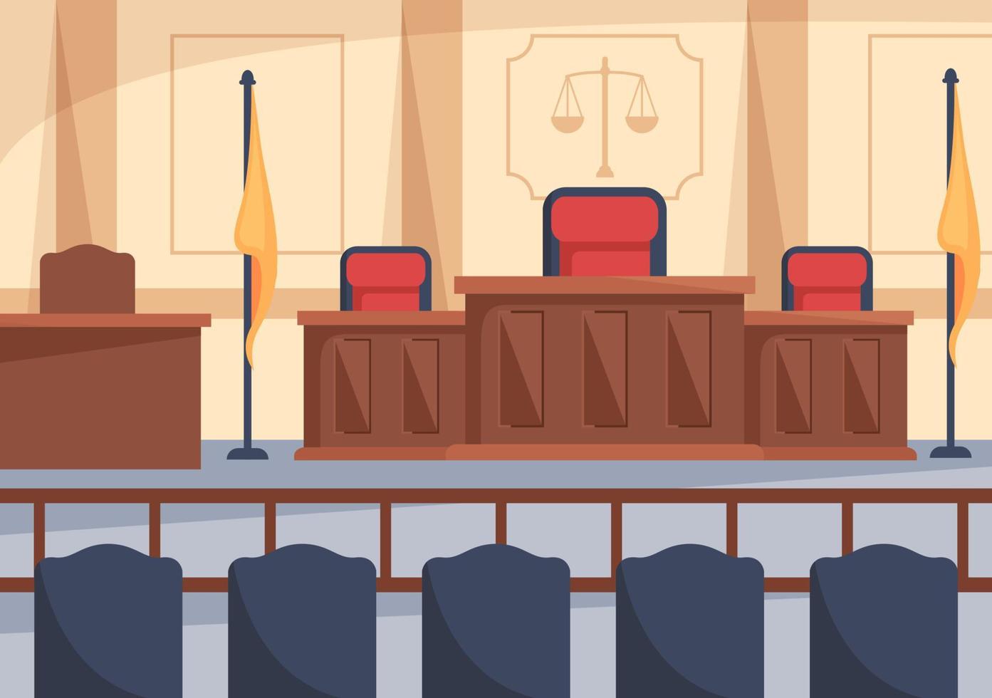 interior da sala de tribunal com mesa de juiz ou júri, bandeira e martelo de juiz de madeira em ilustração de design de desenho animado plano vetor