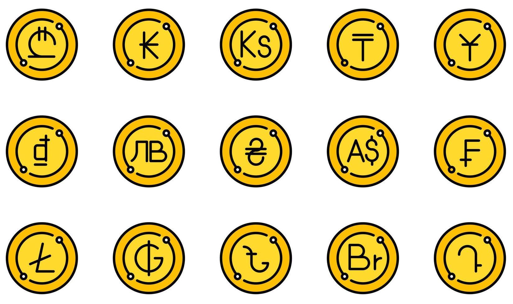 conjunto de ícones vetoriais relacionados à moeda. contém ícones como yuan, dong, ucrânia, franco, litecoin, guarani e muito mais. vetor