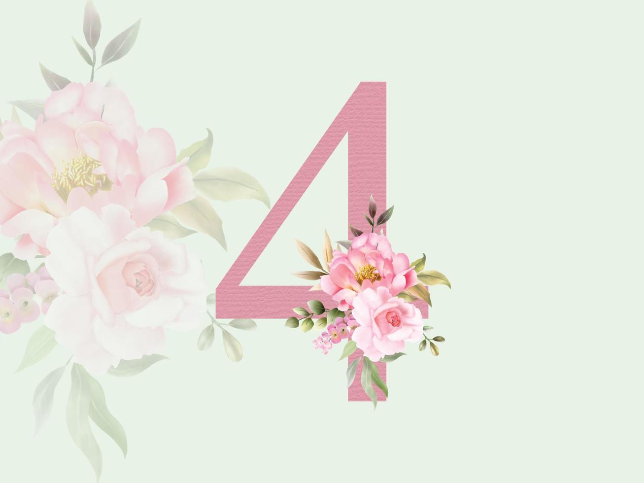lindo numérico 4 com buquê floral vetor
