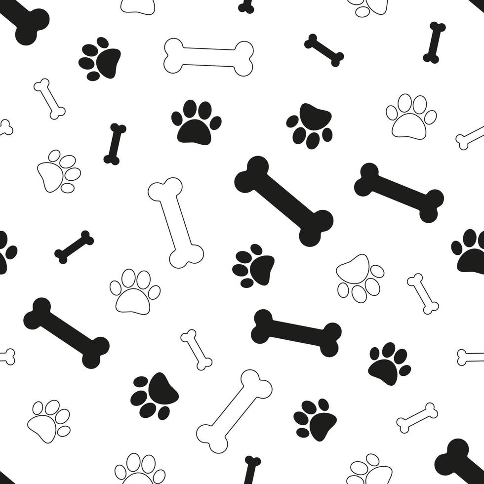padrão de cães em estilo doodle com ossos e patas em fundo branco. ilustração vetorial doodle. padrão sem costura bonito para impressão de crianças vetor