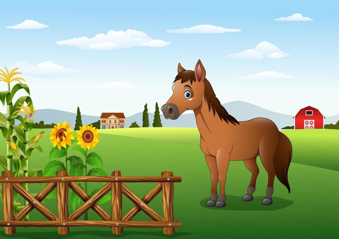 cavalo marrom dos desenhos animados na fazenda vetor