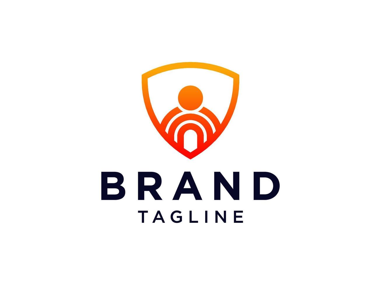 logotipo de proteção familiar. ícone de escudo laranja com pessoas dentro isoladas no fundo branco. elemento de modelo de design de logotipo de vetor plana.
