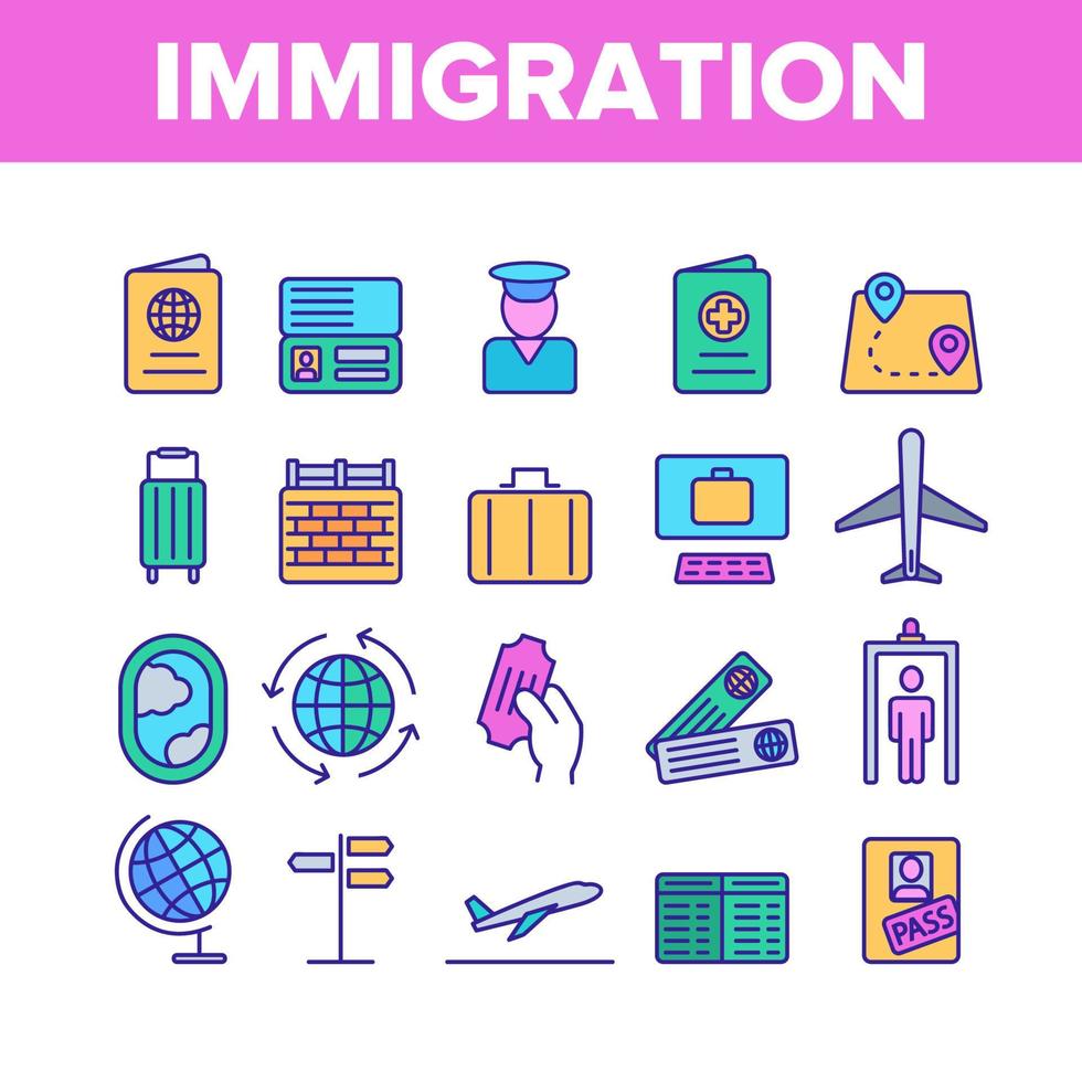 imigração, conjunto de ícones lineares de vetor de viagens no exterior