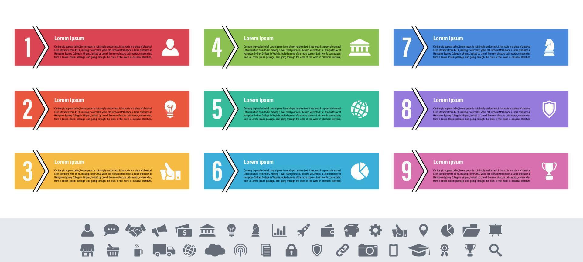 ilustração em vetor de conceito de negócios de design infográfico com 9 etapas ou opções ou processos representam fluxo de trabalho ou diagrama ou banner de botão da web