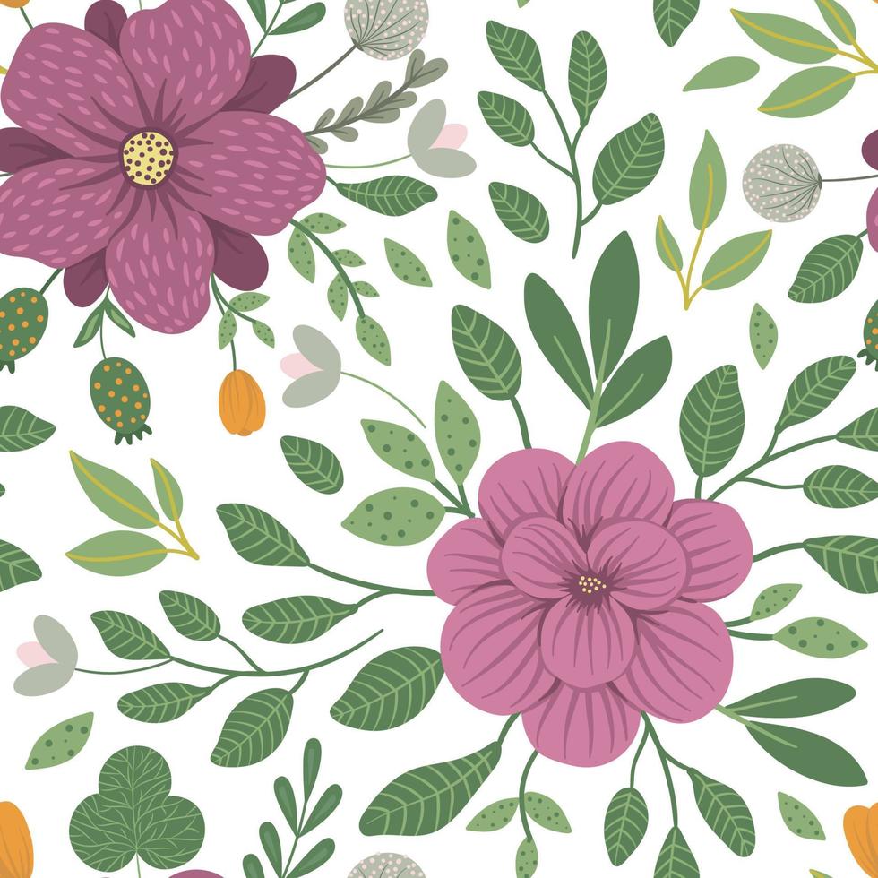 floral sem costura de fundo vector. ilustração plana na moda com flores, folhas, galhos. repetindo o padrão com prados, bosques, plantas florestais. vetor