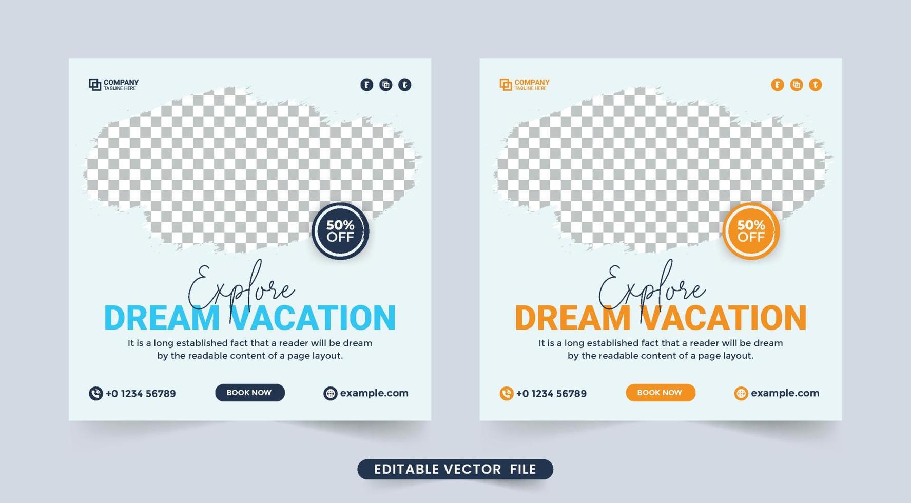 modelo de panfleto de negócios planejador de férias. design de postagem de mídia social de turismo e viagem com texto amarelo e azul. vetor de modelo de banner de promoção de agência de viagens. brochura de oferta de desconto de agência de turismo.