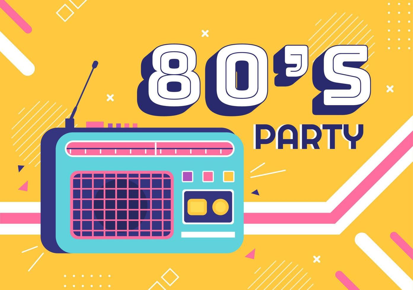 Ilustração de fundo de desenhos animados de festa dos anos 80 com música retrô, toca-fitas de rádio de 1980 e discoteca em design de estilo antigo vetor