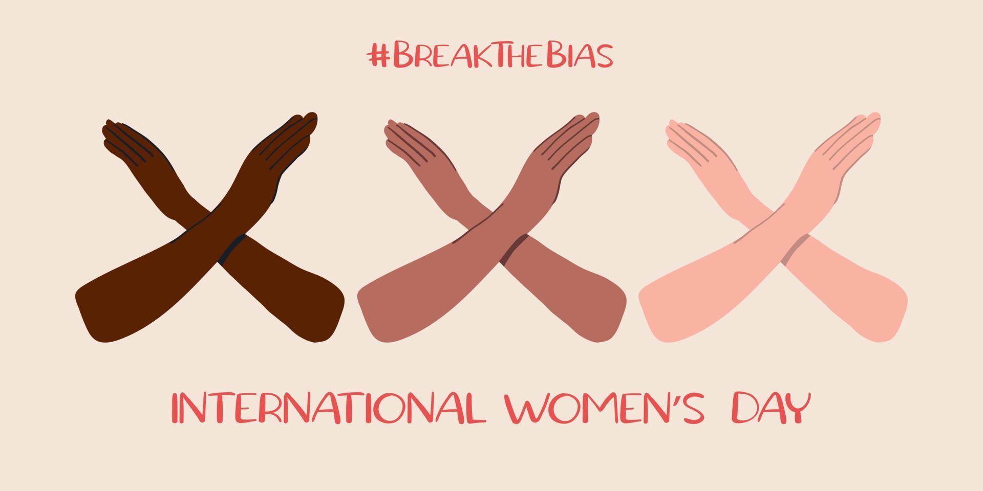 braços cruzados em diferentes cores de pele. quebrar a campanha de preconceito. dia internacional da mulher vetor