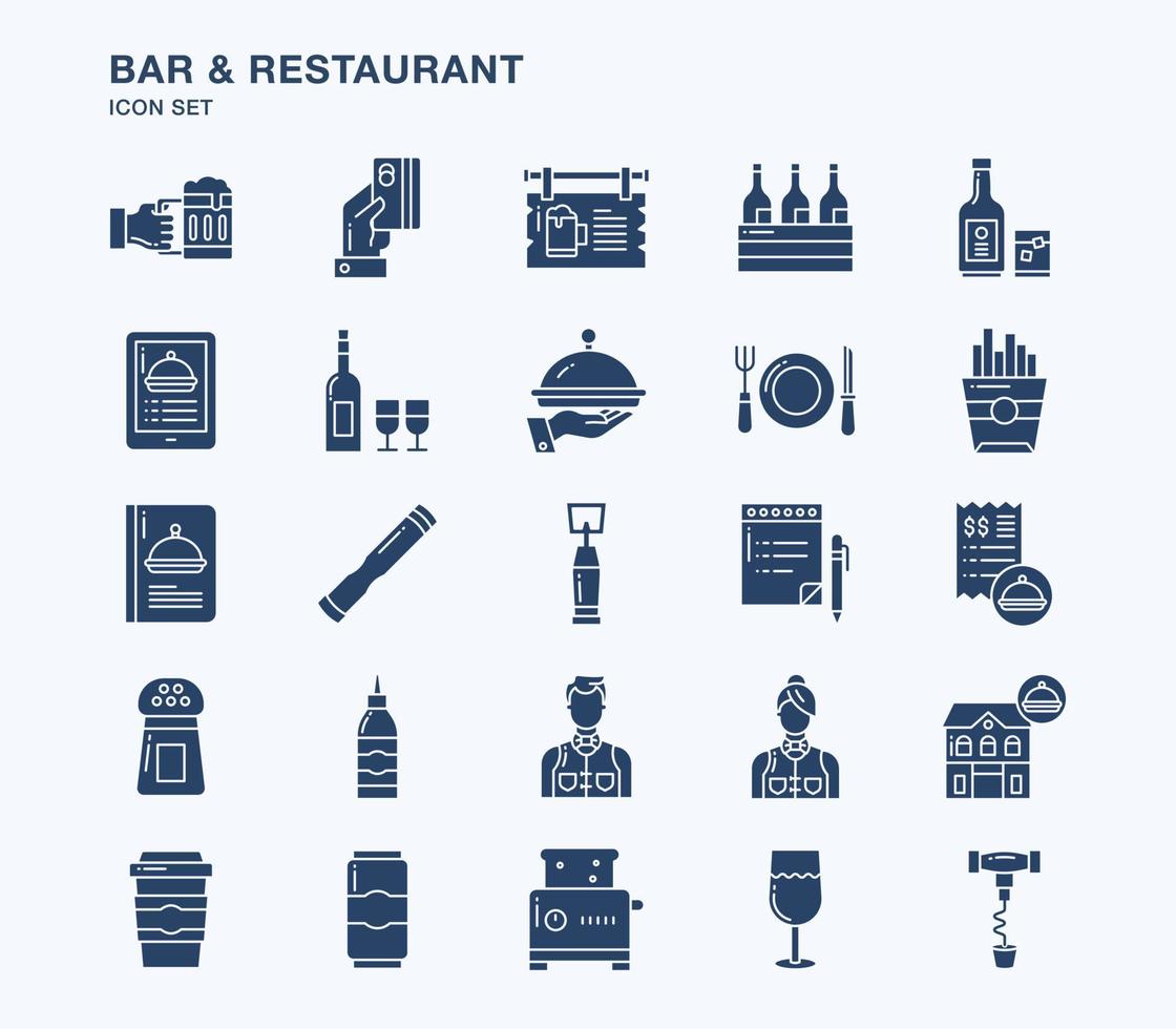 conjunto de ícones sólidos de bar e restaurante vetor