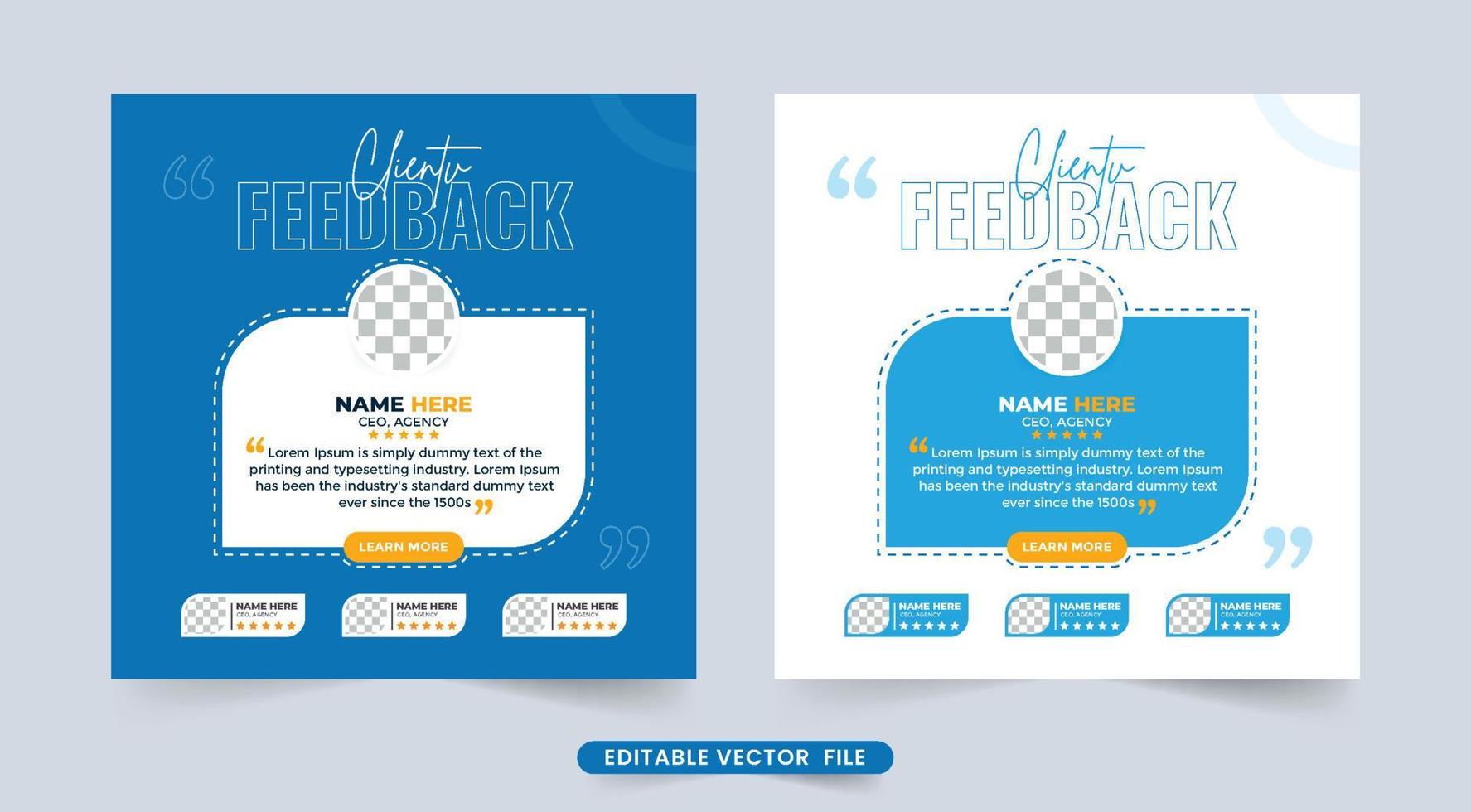 revisão de feedback do cliente ou depoimento com seção de classificação. depoimento de feedback do cliente com citação e espaço reservado para foto. design de depoimento do cliente com cores azuis e amarelas. vetor