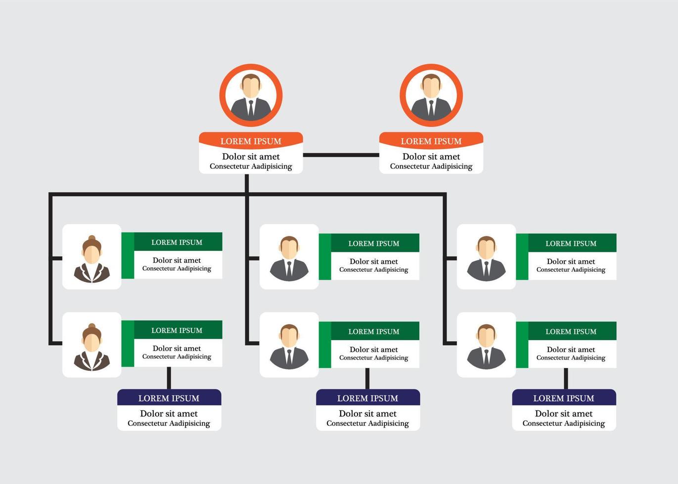 infográficos de organograma com ícone de pessoas e linha abstrata, estrutura de negócios, hierarquia de funcionários, ilustração vetorial org. vetor