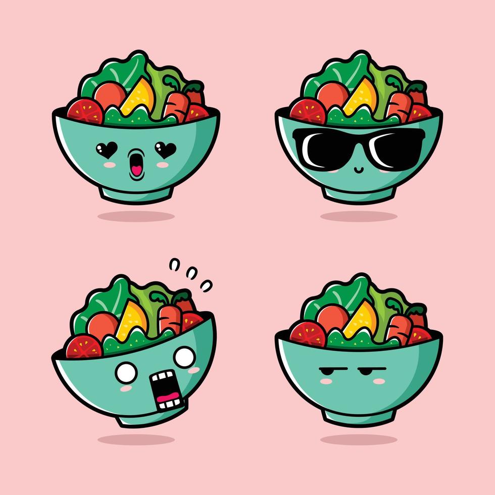 ilustração vetorial de emoji de tigela de salada fofa vetor