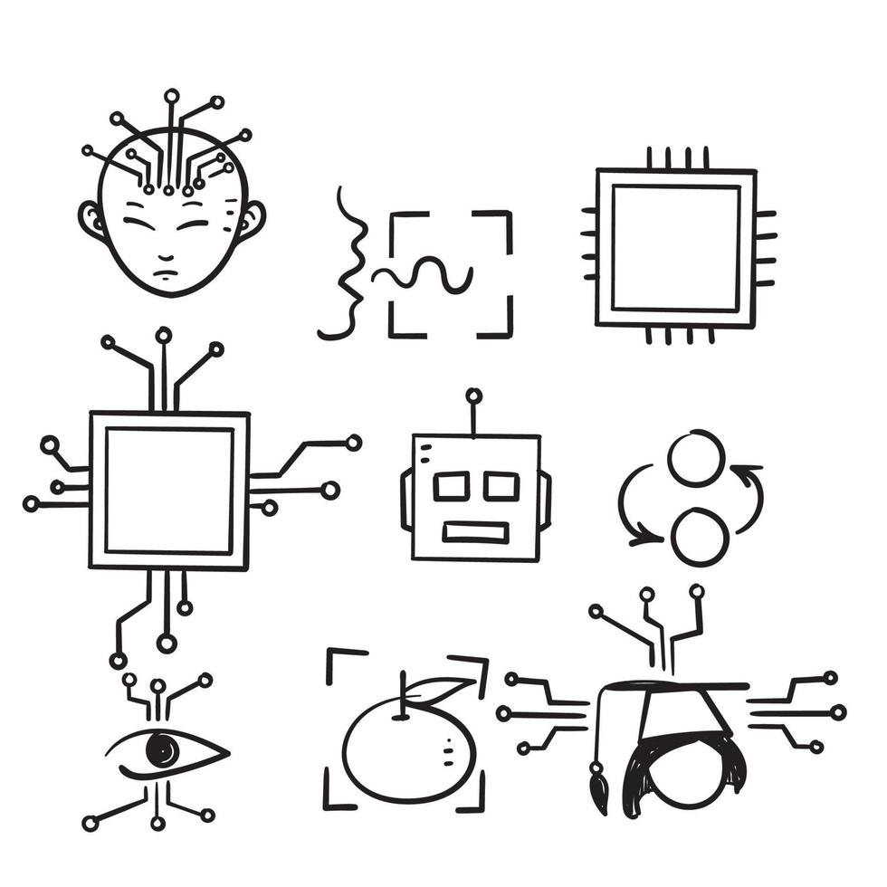 conjunto de rabiscos desenhados à mão de vetor de ilustração relacionado à inteligência artificial