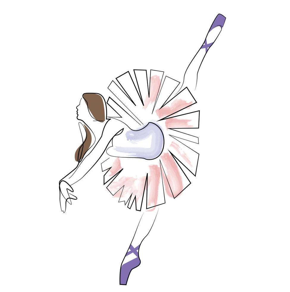 esboço de uma mulher em um vestido de balé pose dançarina linha arte arte contínua aquarela ícone menina isolada no branco vetor