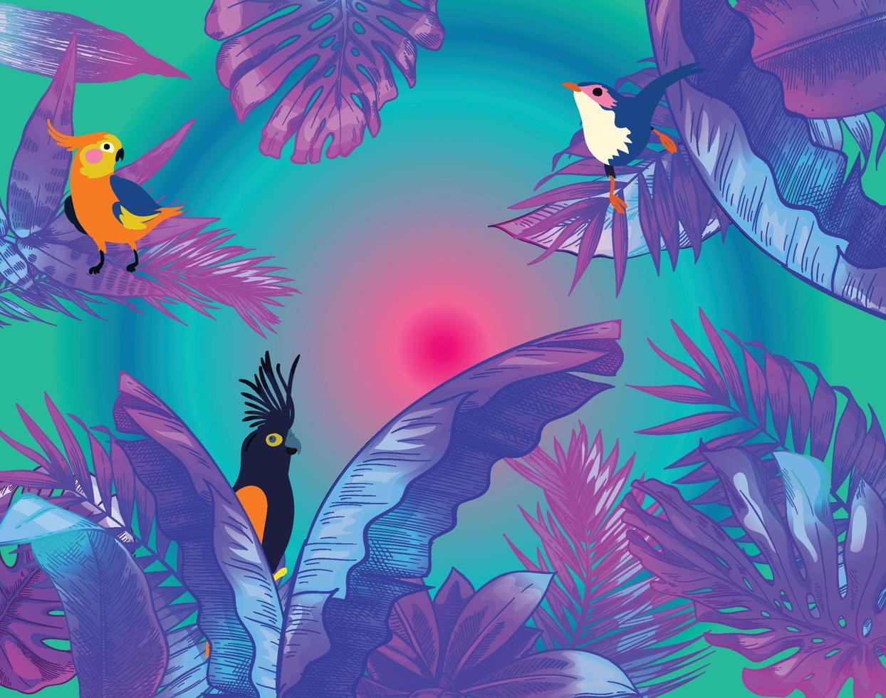 fundo, papel de parede, capa com plantas tropicais, flores e pássaros em neon vetor