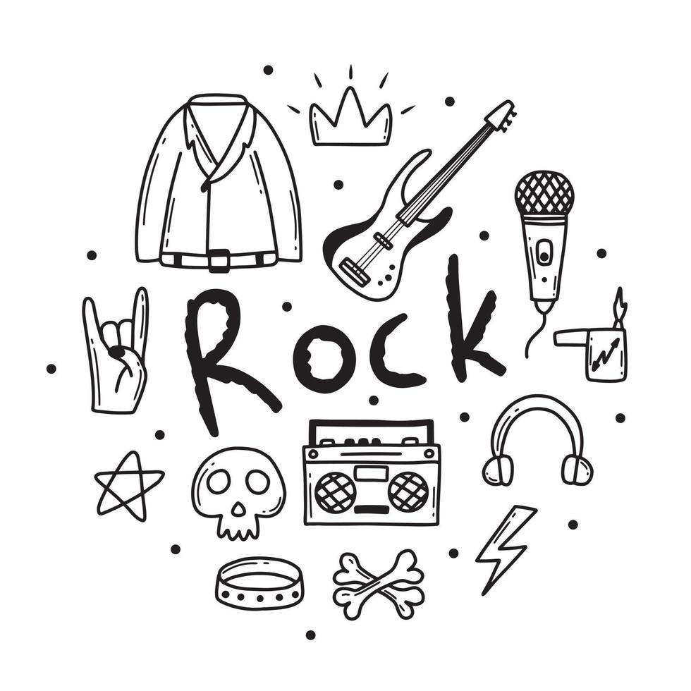 rock n roll, conjunto de doodle de música punk. grafite, adesivo desenhado à mão de tatuagem, texto, caveira, coração, skate, mão de gesto. ilustração em vetor grunge rock.