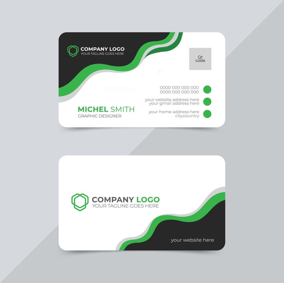 modelo de design de cartão de visita verde e preto arredondado horizontal. com frente e verso vetor