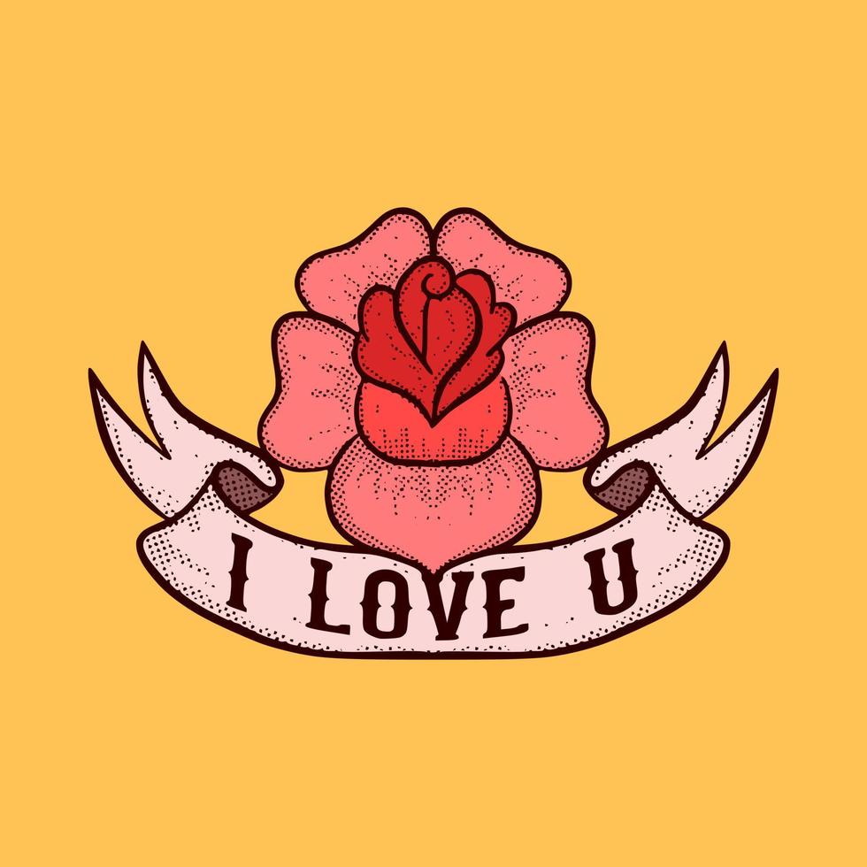 eu te amo com ilustração de flor rosa vetor de estilo vintage colorido desenhado à mão