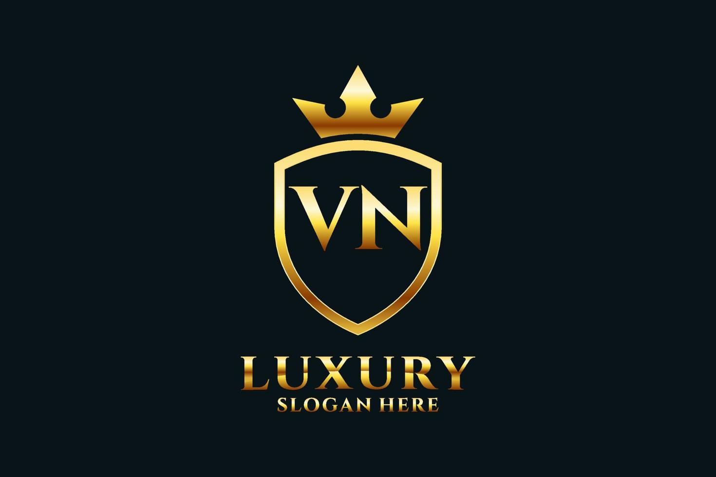 logotipo de monograma de luxo elegante inicial vn ou modelo de crachá com pergaminhos e coroa real - perfeito para projetos de marca luxuosos vetor