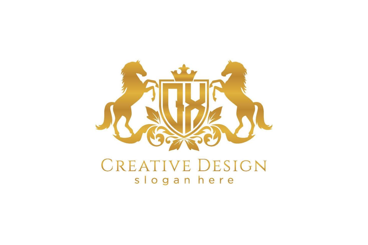 crista dourada retro qx inicial com escudo e dois cavalos, modelo de crachá com pergaminhos e coroa real - perfeito para projetos de marca de luxo vetor