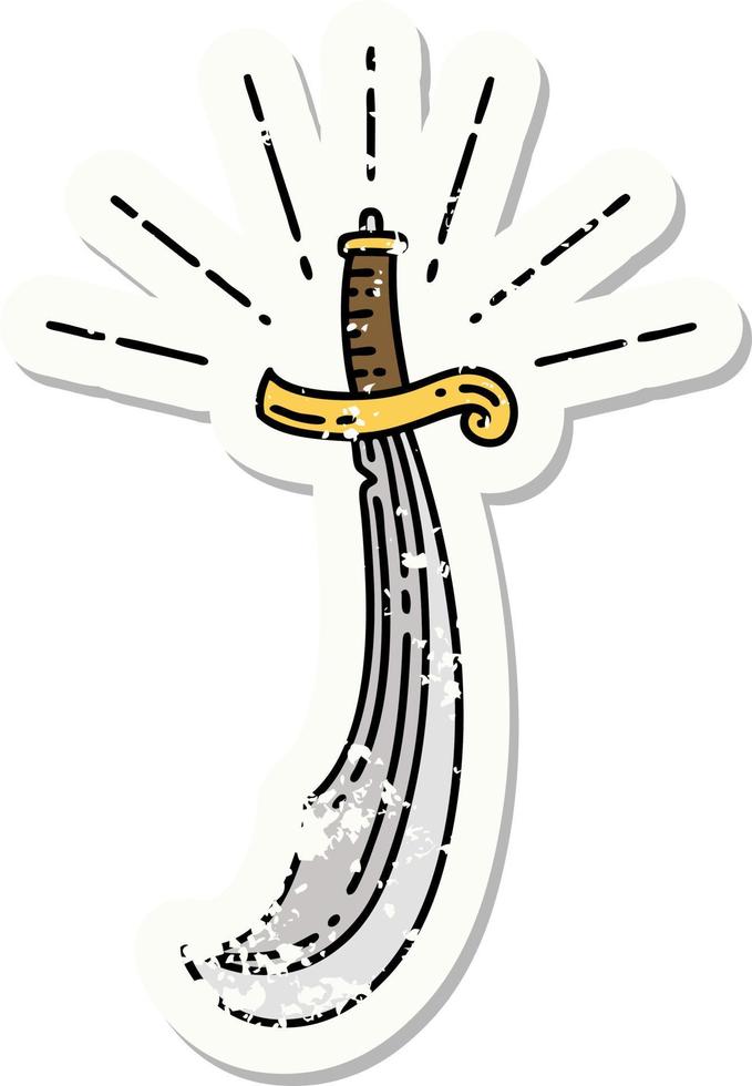 adesivo antigo usado de uma espada cimitarra estilo tatuagem vetor