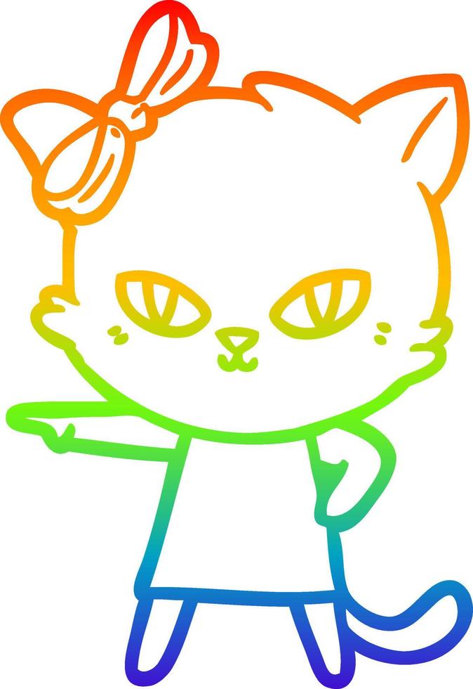 linha de gradiente de arco-íris desenhando um lindo gato de desenho animado usando vestido vetor