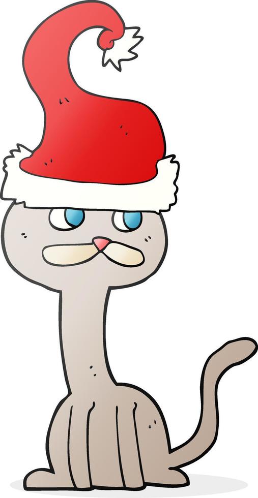 gato de desenho animado desenhado à mão livre usando chapéu de natal vetor