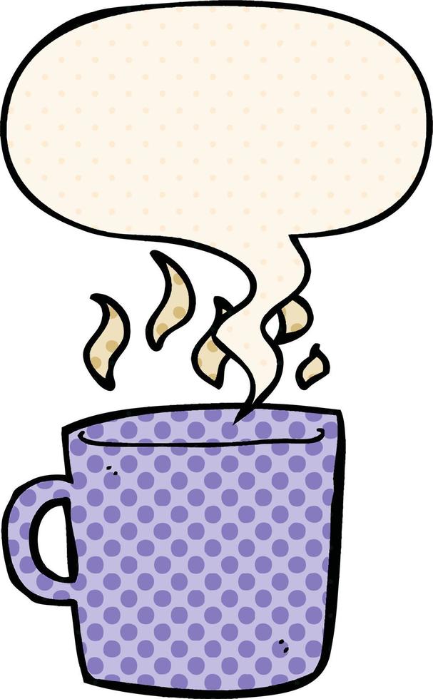 xícara de café quente de desenho animado e bolha de fala no estilo de quadrinhos vetor