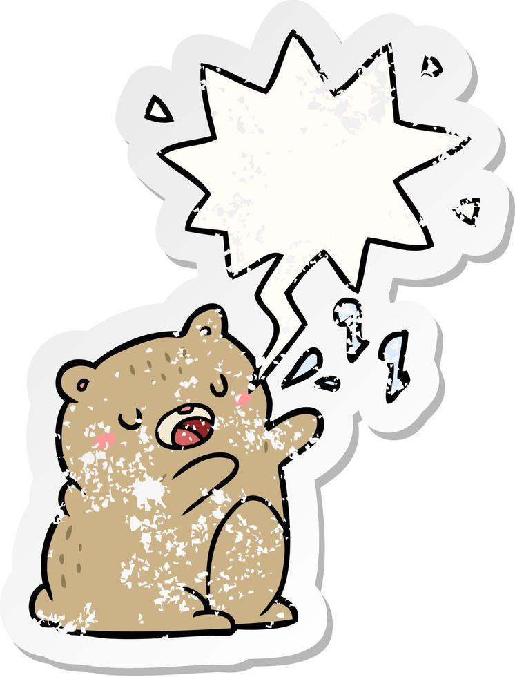 urso de desenho animado cantando uma música e adesivo angustiado de bolha de fala vetor