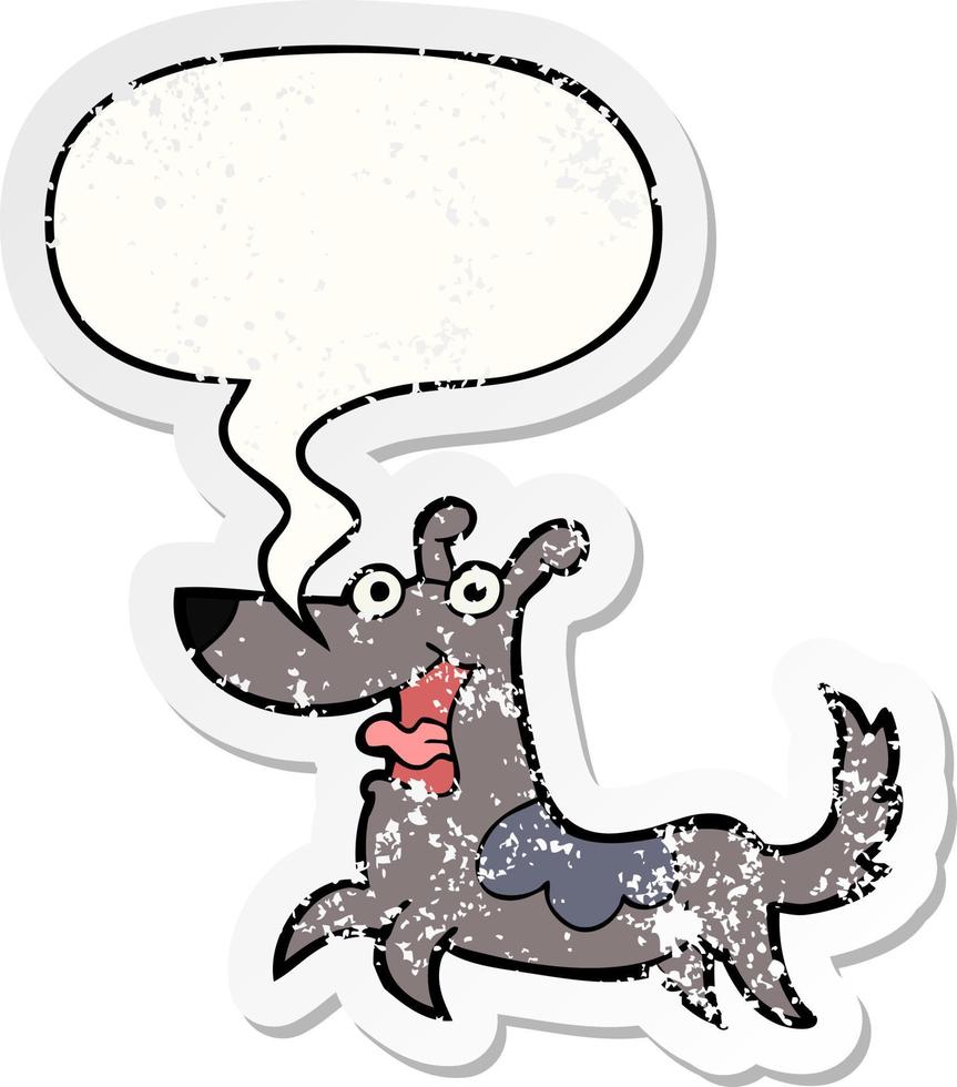 desenho de cachorro feliz e adesivo angustiado de bolha de fala vetor
