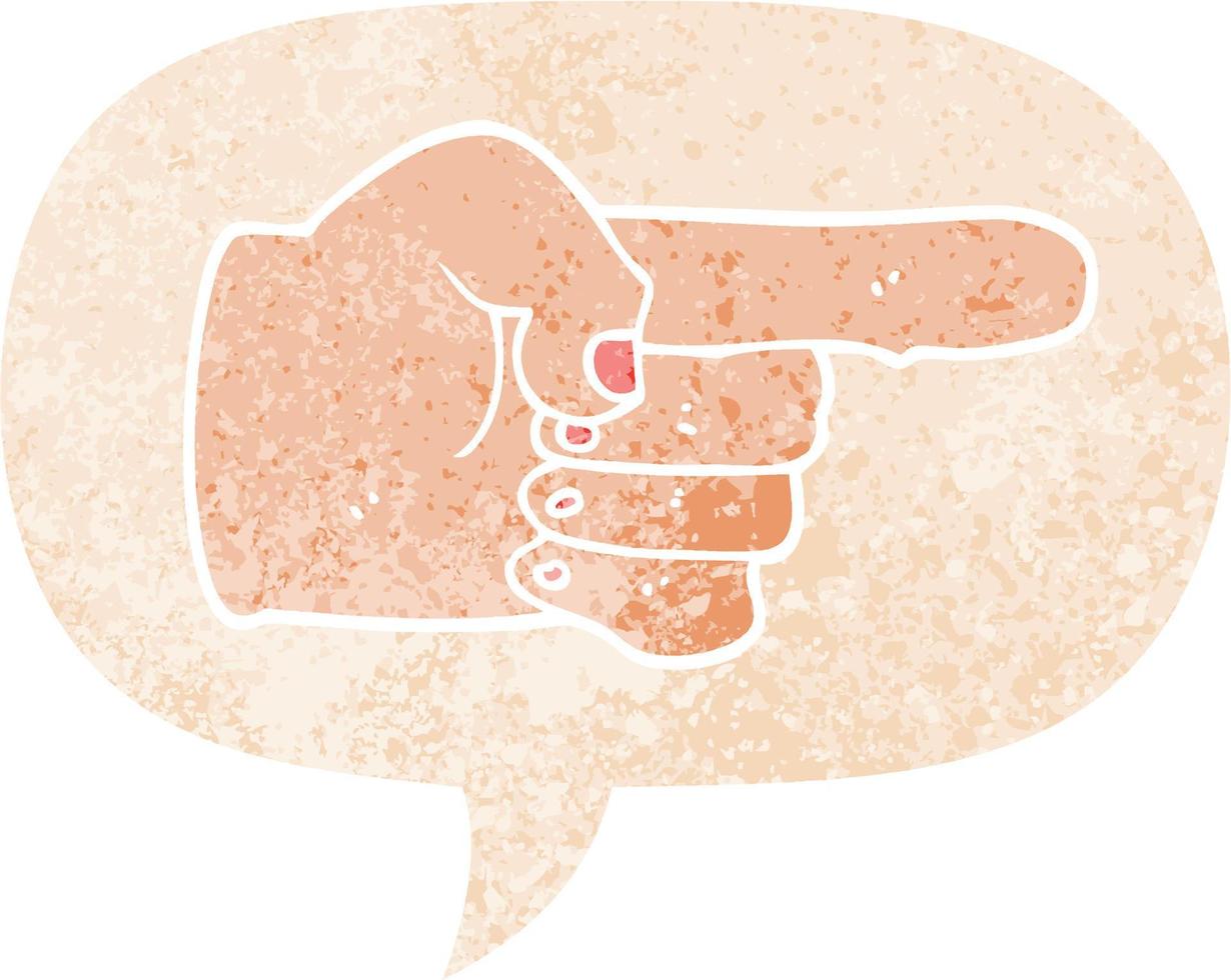 desenho animado apontando a mão e a bolha do discurso em estilo retrô texturizado vetor