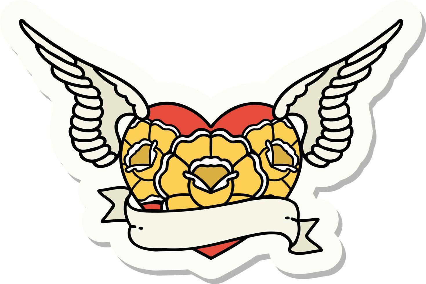 adesivo de tatuagem em estilo tradicional de um coração voador com flores e banner vetor