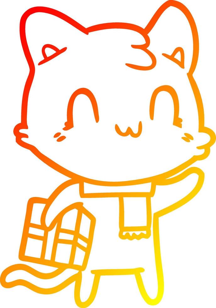 desenho de linha de gradiente quente desenho animado gato feliz usando cachecol vetor