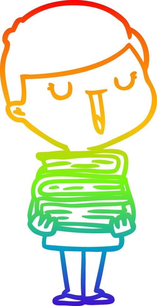 desenho de linha gradiente arco-íris desenho animado menino feliz com pilha de livros vetor