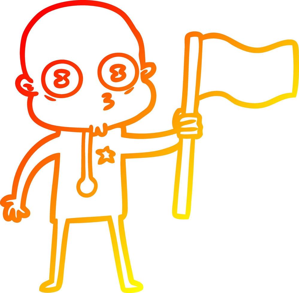 desenho de linha de gradiente quente desenho animado estranho homem do espaço careca com bandeira vetor